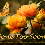 Orange flowers with butterfly and text reading Gone Too Soon, In remembrance of loved ones lost to mental illness